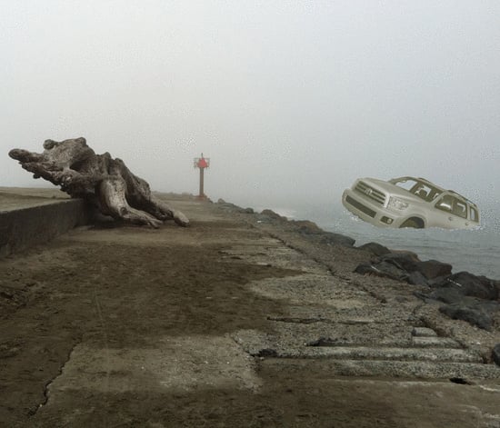 A Toyota Sequoia adrift near the South Jetty. Owner claims to have been advised by "the radio."